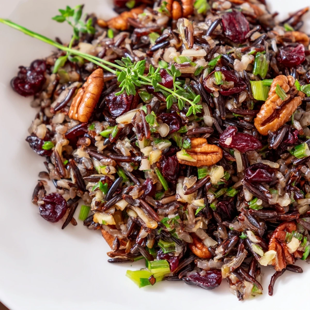 Close-up of Wild Rice Harvest Salad with crisp apples, green onions, and a light vinaigrette drizzle over the grains.