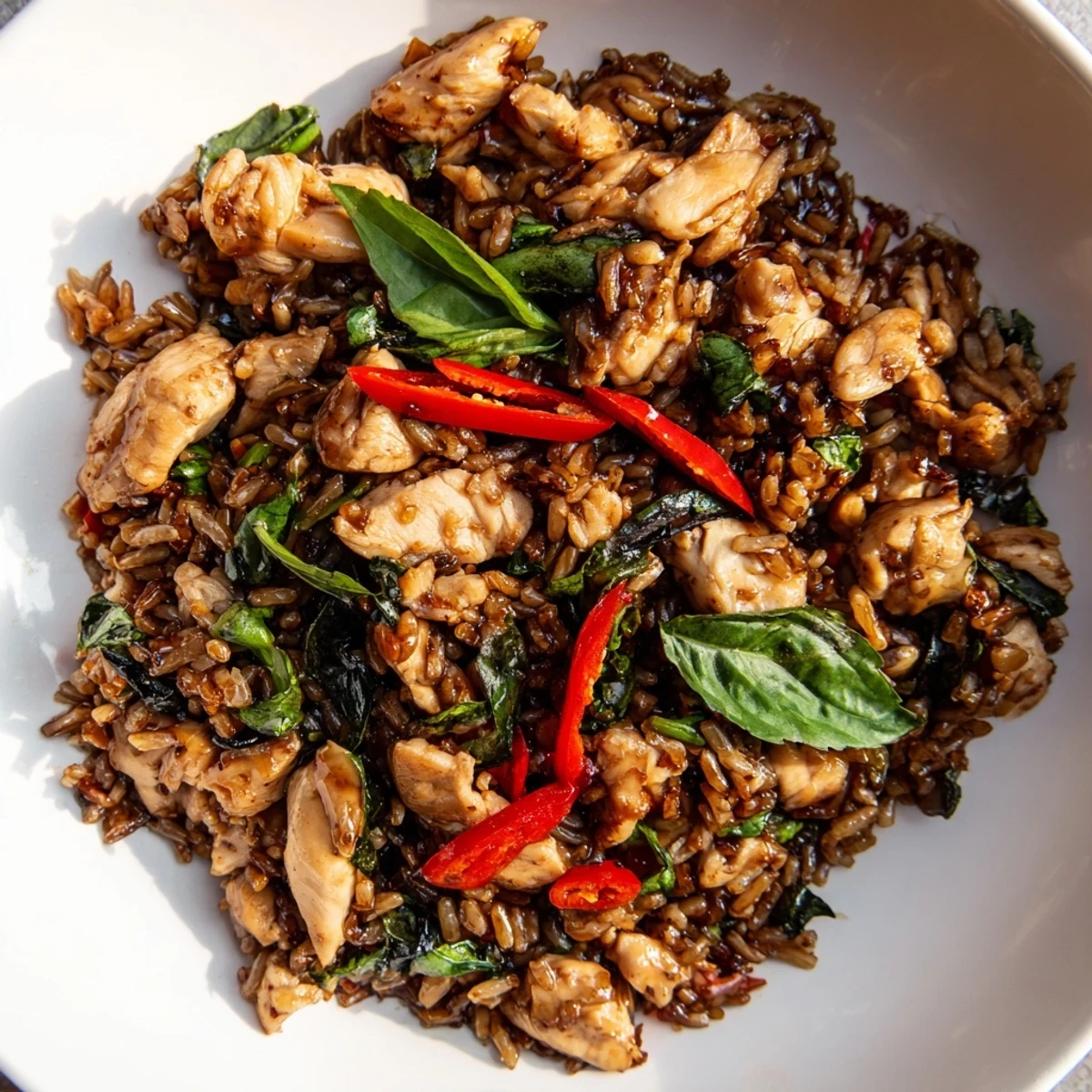 A close-up of Thai Basil Chicken Fried Rice in a bowl, featuring golden rice, vibrant red bell pepper, and aromatic holy basil garnished with cucumber slices.