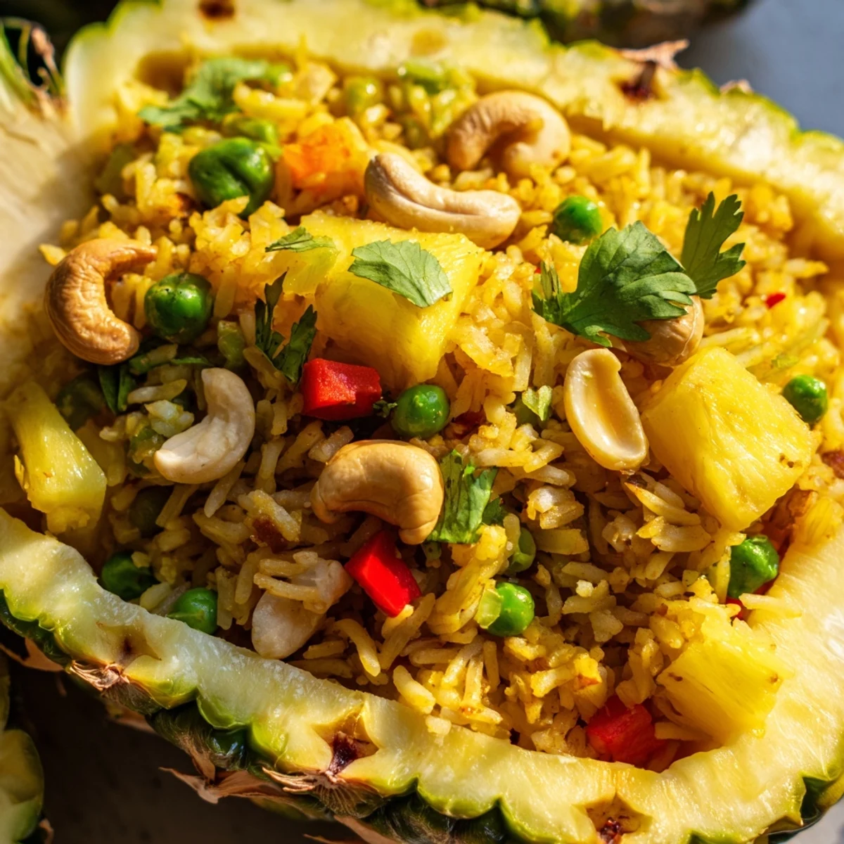 Bright yellow pineapple shells brim with golden fried rice, colorful vegetables, and cashews, garnished with cilantro and lime.