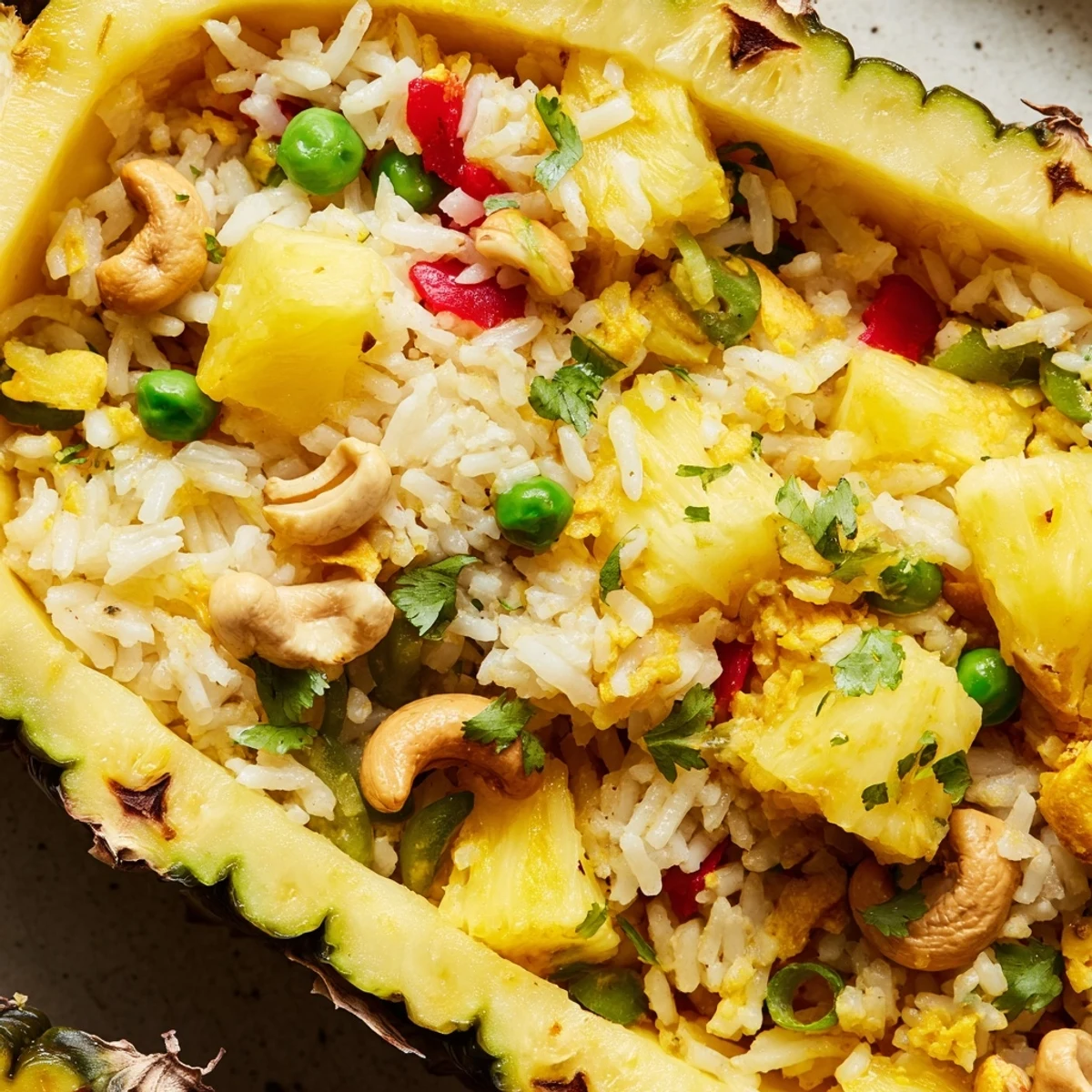 A vibrant bowl of Pineapple Fried Rice inside a hollowed pineapple, featuring sweet chunks, peas, and warm curry aromas.