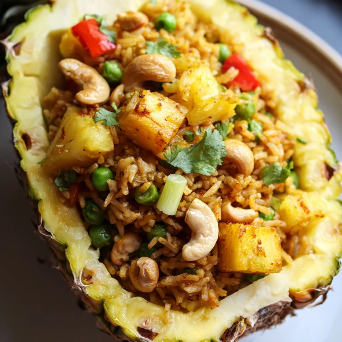 Colorful Thai-inspired Pineapple Fried Rice topped with scallions and cilantro, served in a carved pineapple with lime wedges.
