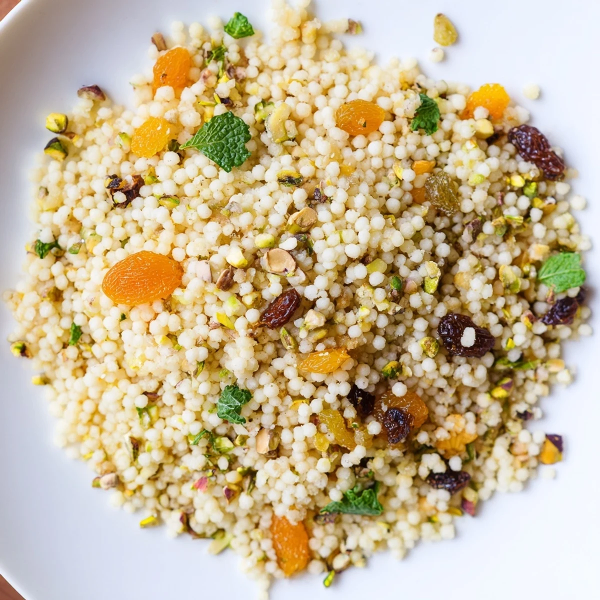 Colorful Spiced Couscous Pilaf with chopped apricots and pistachios, fluffed with a fork and ready to enjoy as a vegetarian side.