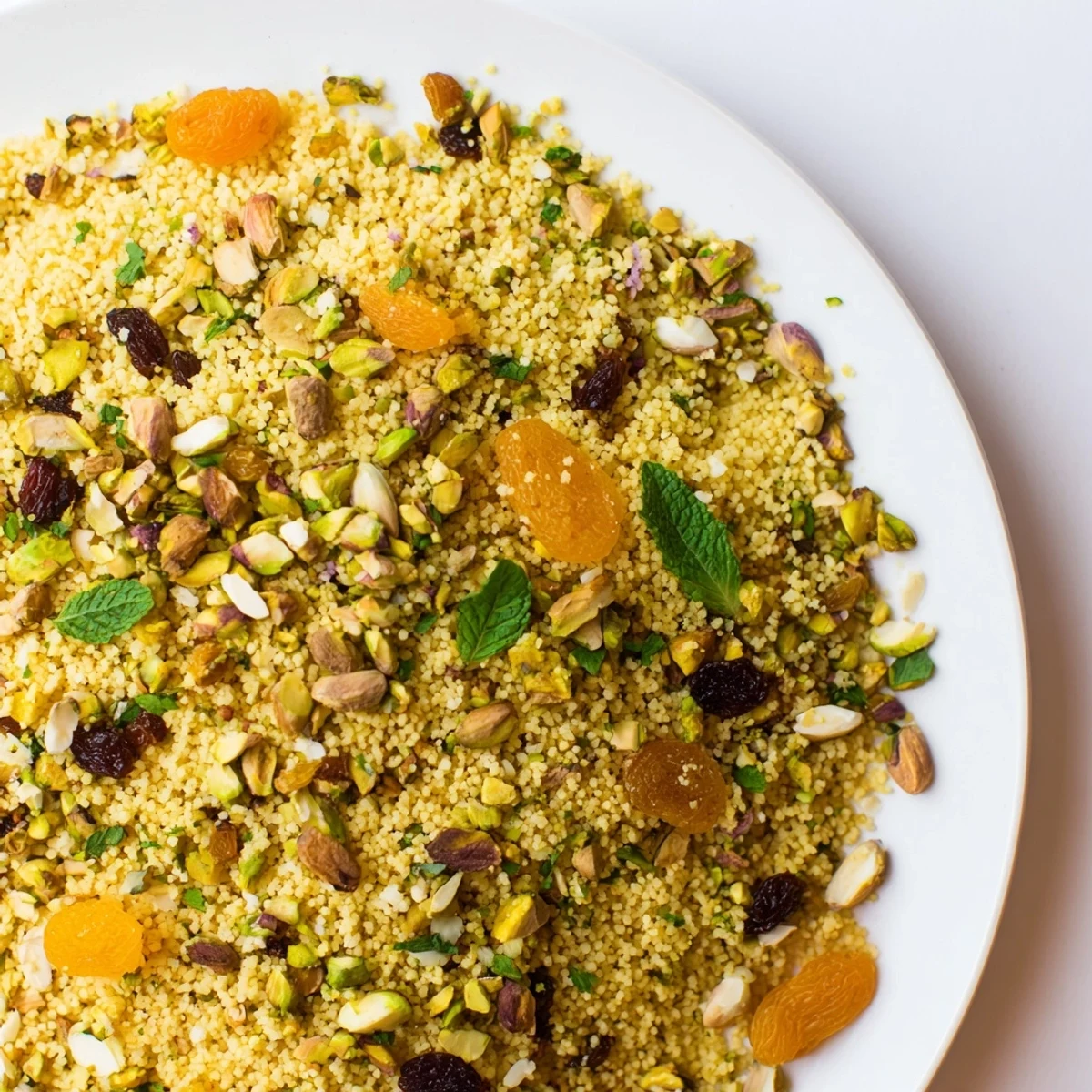 Fragrant steam rises from a skillet of Spiced Couscous Pilaf featuring golden raisins and warm spices, garnished with fresh mint.