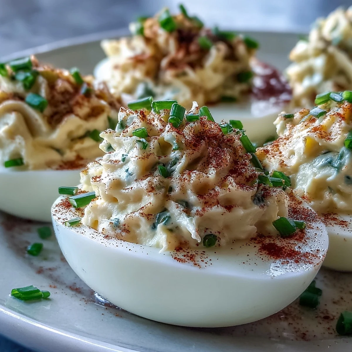 Million Dollar Deviled Eggs feature creamy whipped yolks in halved eggs, garnished with paprika and fresh chives on a platter.