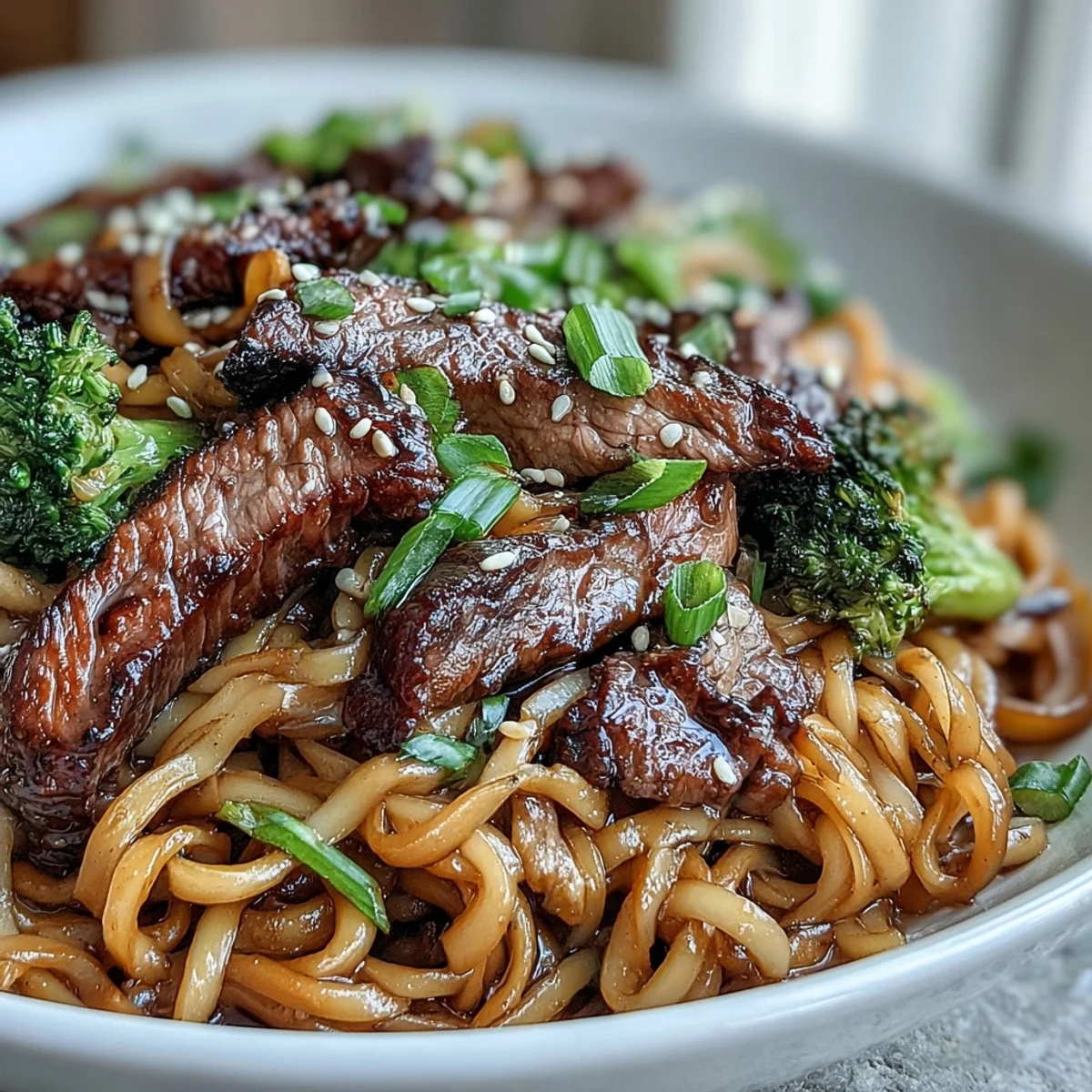 Tender flank steak and crisp veggies mingle with silky rice noodles in a glossy Korean Beef Noodles stir-fry, garnished with sesame seeds and green onions.