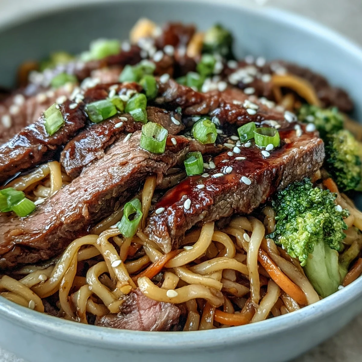 A steaming skillet of Korean Beef Noodles features browned beef, bright bell peppers, and broccoli tossed in a savory-sweet soy sauce over rice noodles.