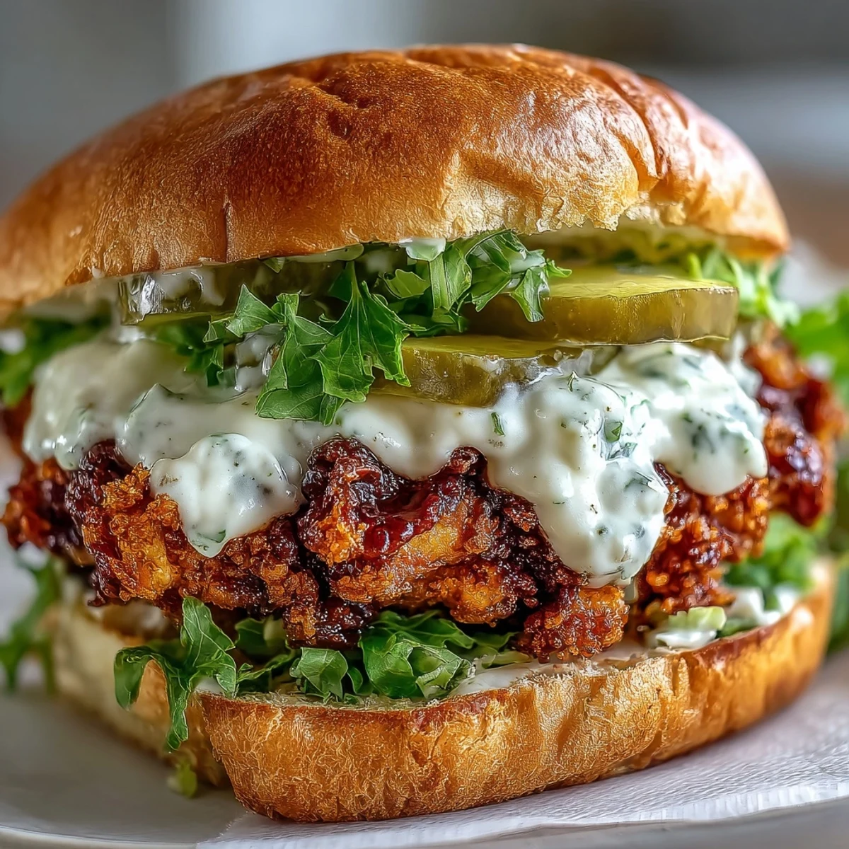 Golden-brown spicy chicken sandwich with lettuce, tomato, and dill pickles on a buttery brioche bun, ready to serve.