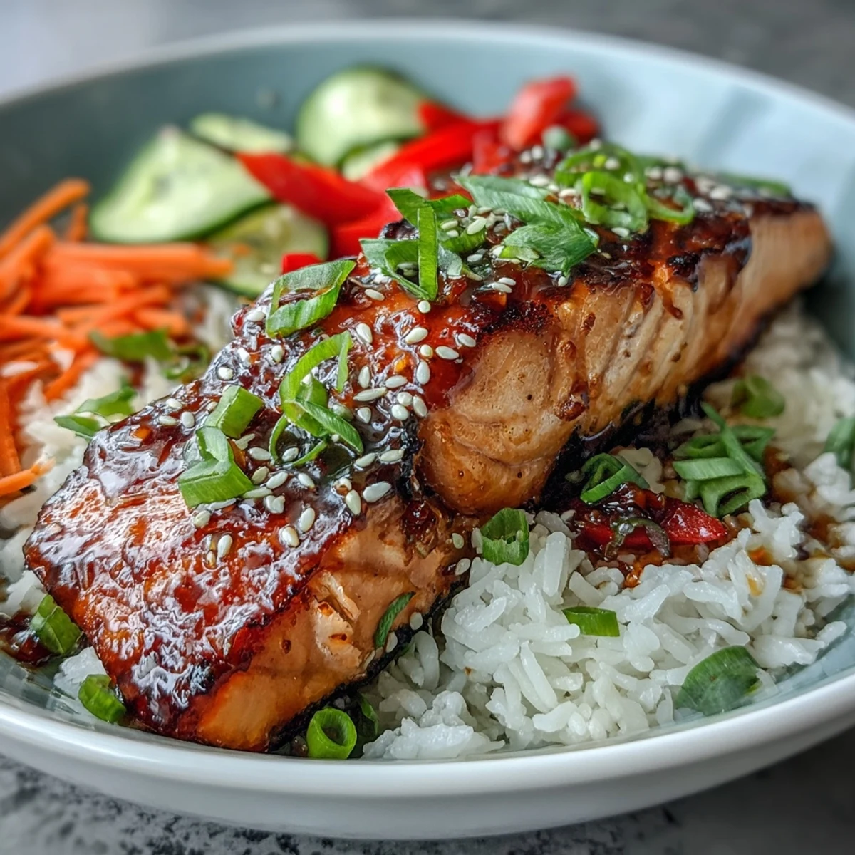 Flaky soy-ginger glazed salmon rests on fluffy rice beside crisp julienned vegetables and sesame seeds in an Asian-inspired salmon bowl.