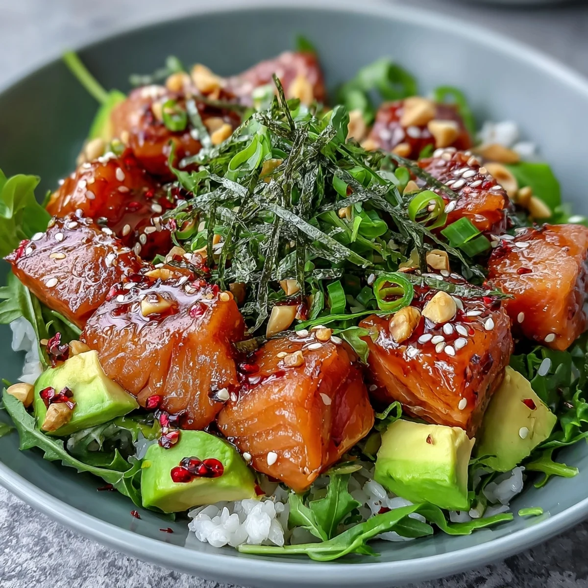 Fresh marinated salmon cubes and creamy avocado slices rest on seasoned sushi rice in this Avocado Salmon Bowl with chili oil drizzle.