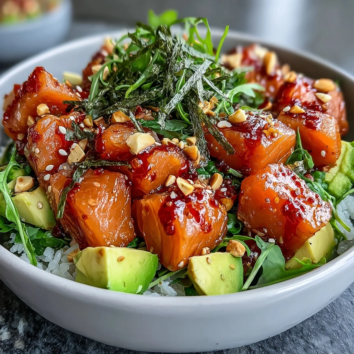 Crisp cucumber, chopped peanuts, and nori strips top this vibrant Avocado Salmon Bowl, served with lime wedges for a bright finish.