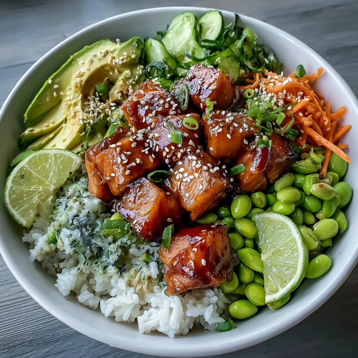 Succulent baked salmon cubes sit atop fluffy jasmine rice, garnished with cucumber, carrots, and avocado in this vibrant rice bowl.