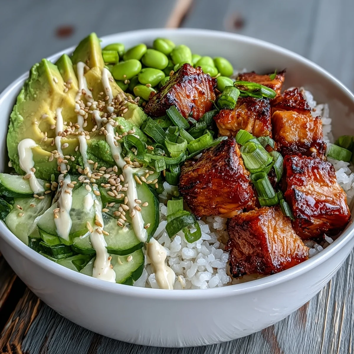This Salmon Rice Bowl combines baked salmon, jasmine rice, and crunchy veggies for a quick, healthy dinner.
