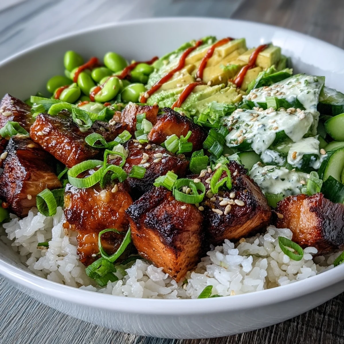 A plated Salmon Rice Bowl showcases crisp cucumber, creamy avocado, and a drizzle of spicy sriracha mayo.