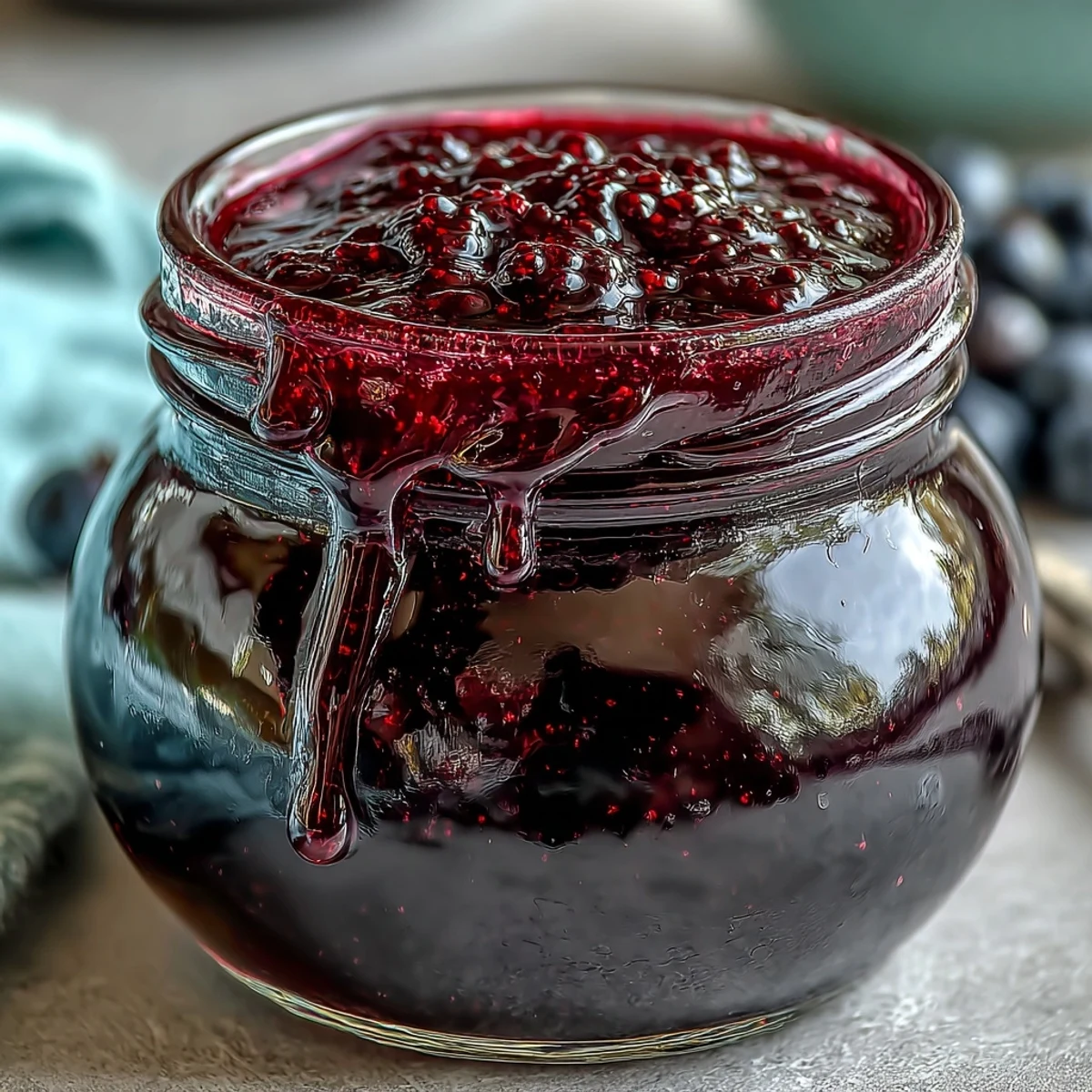 Glossy, deep purple Black Currant Syrup being poured from a glass bottle onto fluffy buttermilk pancakes for breakfast.