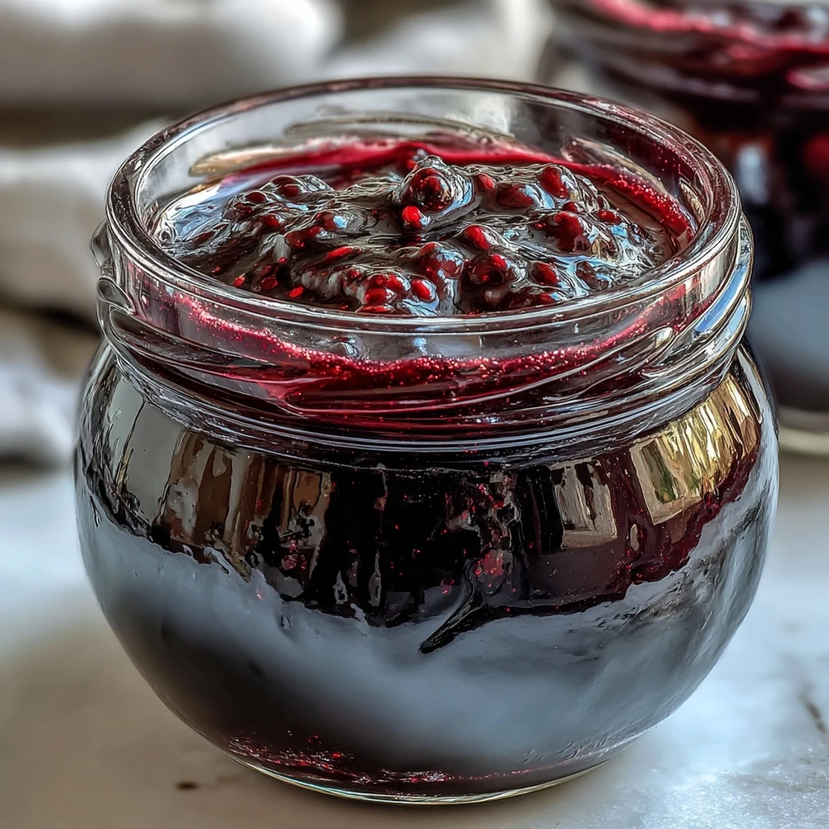 Bright purple Black Currant Jelly glistens in a glass jar, its rich color highlighting the preserve's ripe fruit texture.
