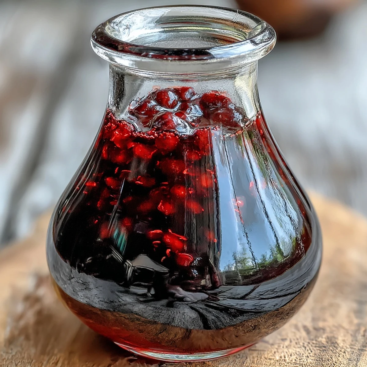 Crème de Cassis poured into a coupe glass, garnished with fresh blackcurrants and a twist, ready for a Kir Royale cocktail.