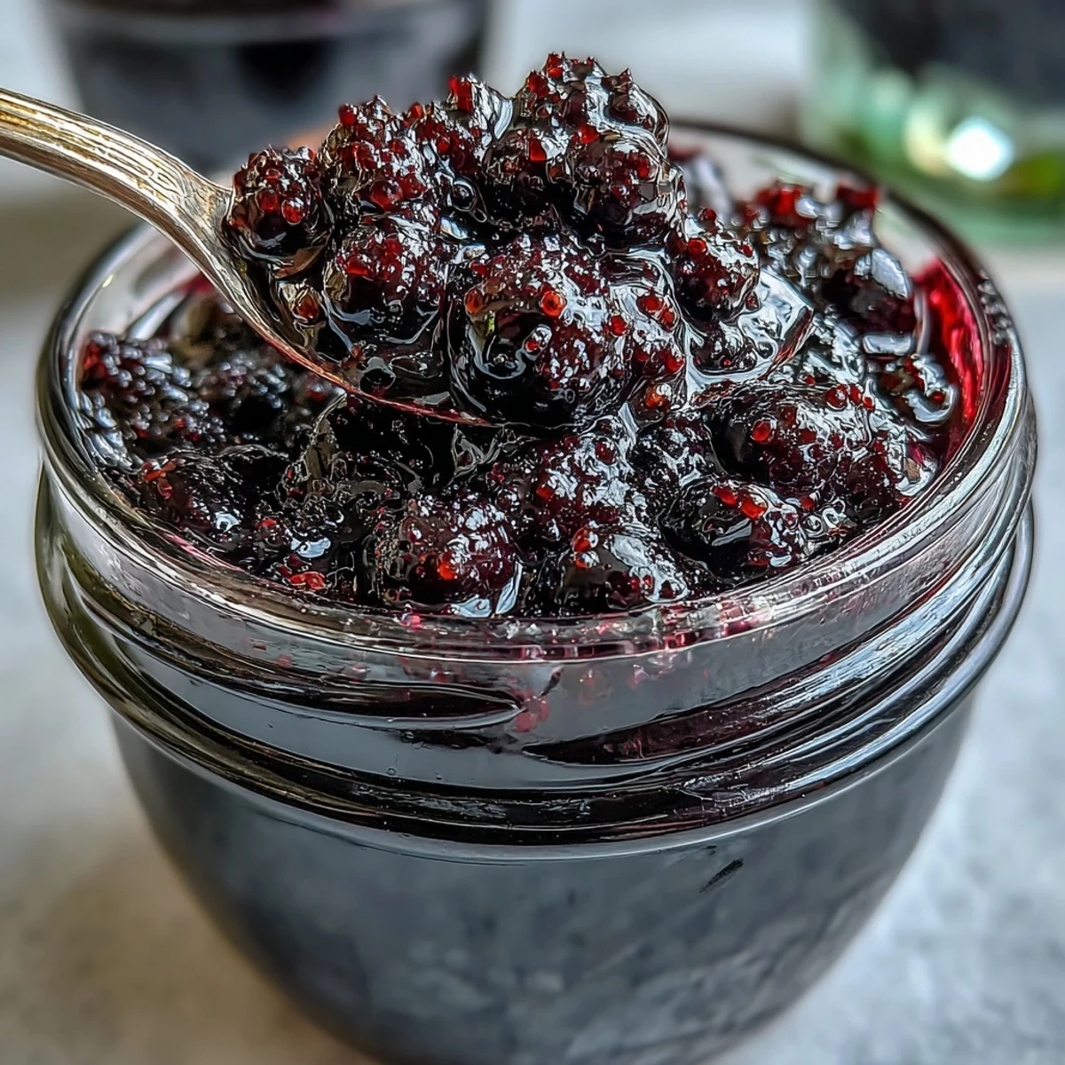Garnished bottle of Easy Blackcurrant Liqueur served over clear ice with fresh berries nearby.