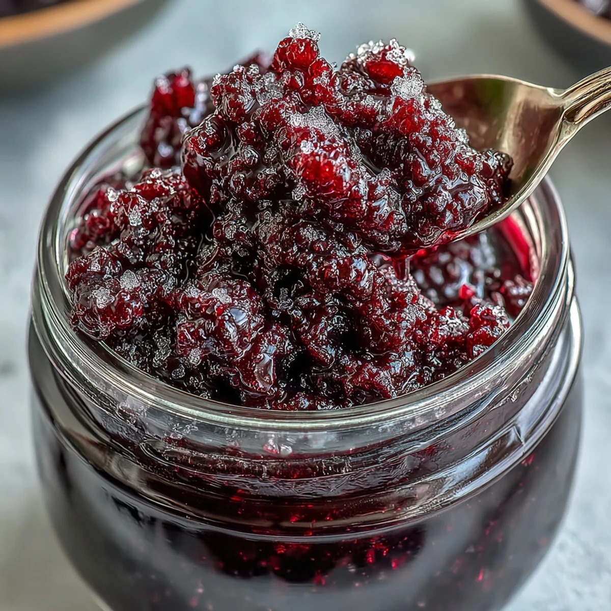 A mason jar filled with Easy Blackcurrant Liqueur steeping amid dark berries and sugar.