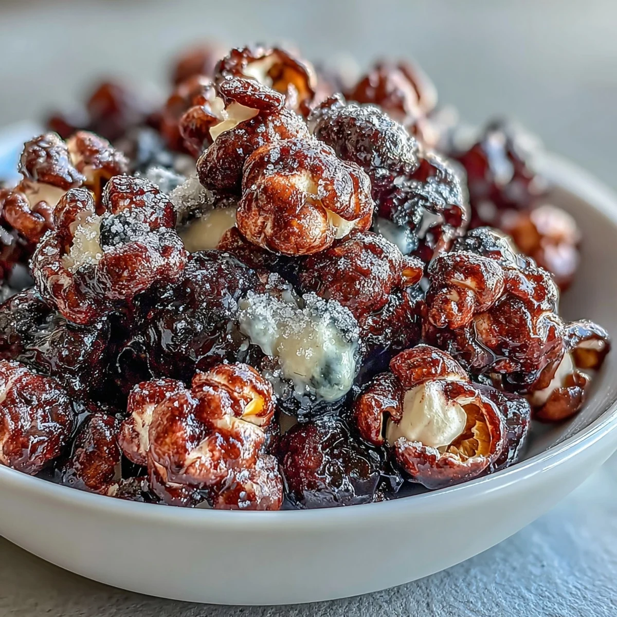 Freshly popped Black Currant Cheesecake Kettle Corn with sweet, tangy powder coating in a rustic bowl.