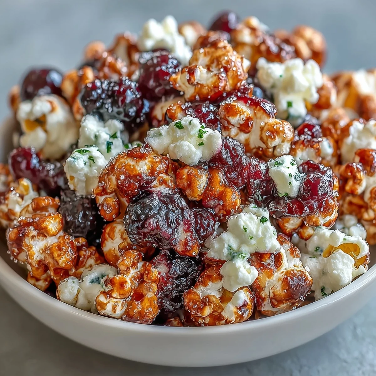 Warm gourmet popcorn tossed with black currant and cream cheese dust for a sweet snack.