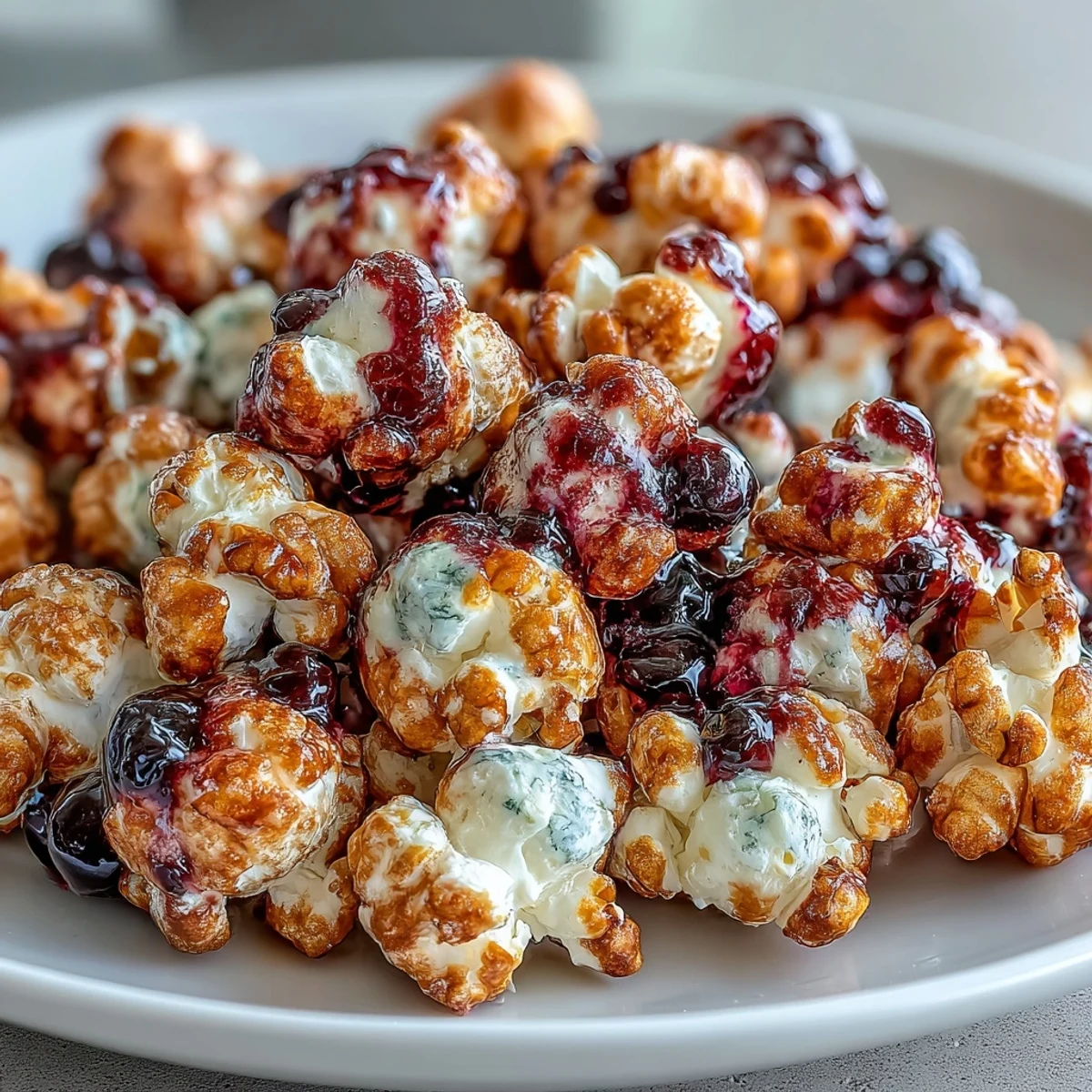 Easy homemade Black Currant Cheesecake Kettle Corn served in a ceramic bowl with vivid purple hue.