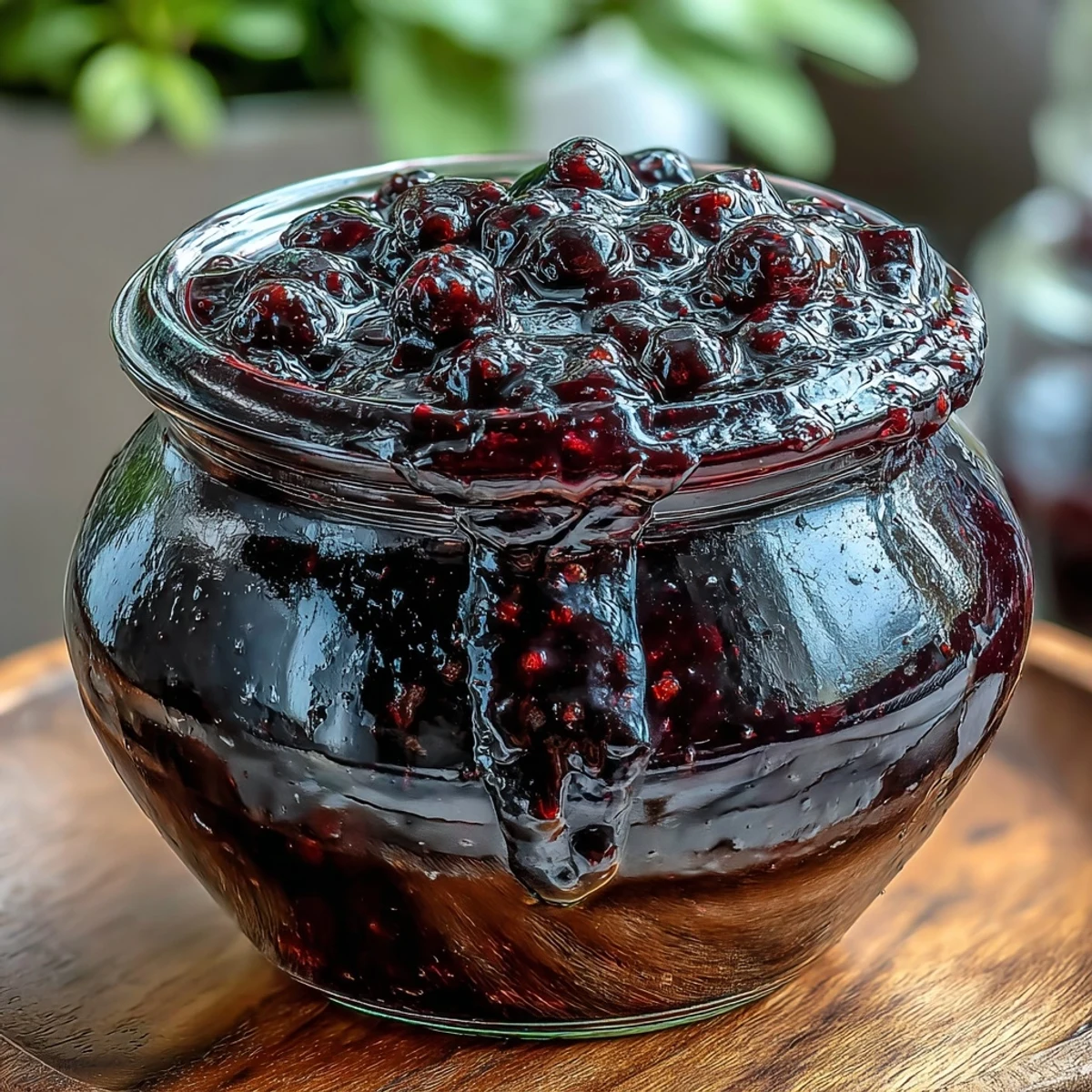 A jar of vibrant Homemade Black Currant Jam glows with deep purple, surrounded by fresh berries on a rustic wooden table.