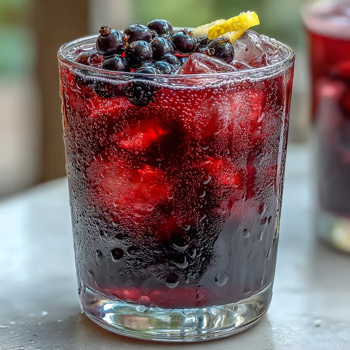 Jar of tangy-sweet black currant shrub with fresh berries nearby, ideal for sparkling water or cocktail mixers.