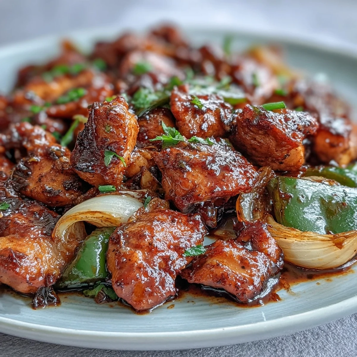 Black Pepper Chicken served family-style over fluffy white rice, garnished with fresh green onions for extra flavor.