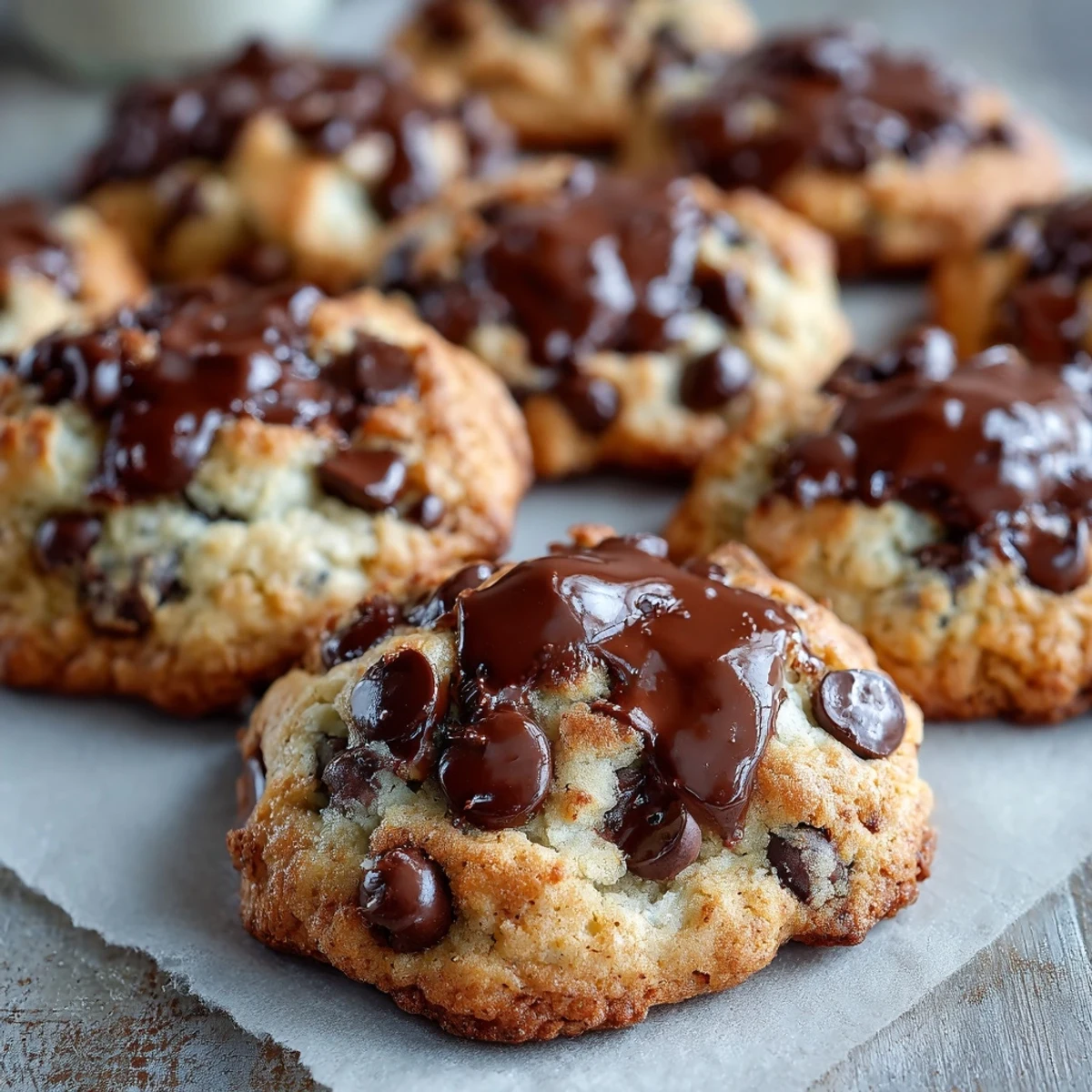 Freshly baked Yogurt Chocolate Chip Cookies with golden edges and melty semi-sweet chocolate chips on a cooling rack.