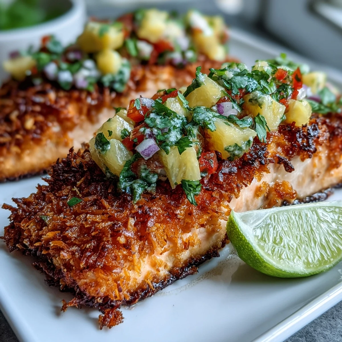 Perfectly baked coconut crusted salmon served with sweet and tangy pineapple salsa for dinner.