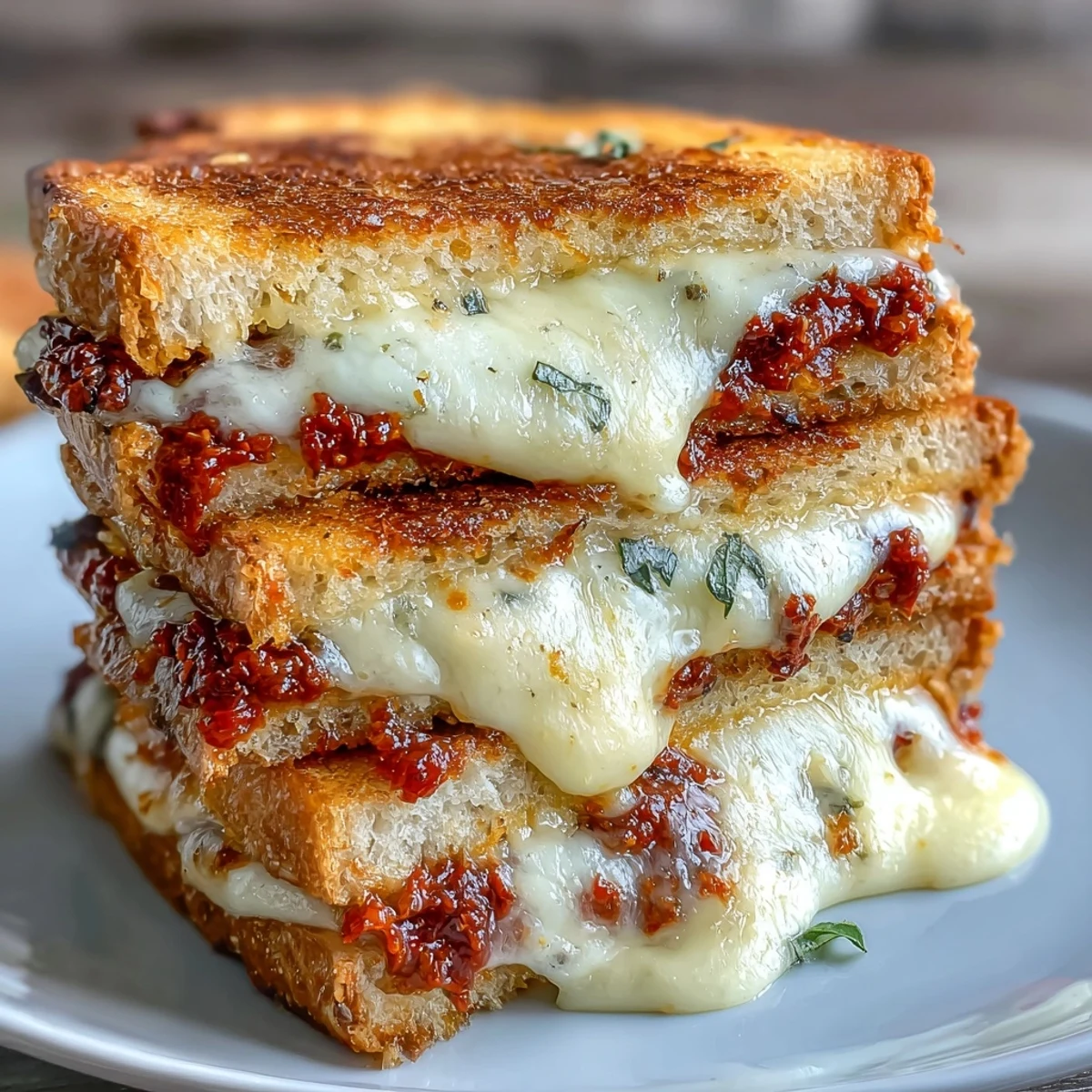 Golden-brown Sun-Dried Tomato Pesto Grilled Cheese with melted mozzarella oozing from crisp, buttery sourdough slices.