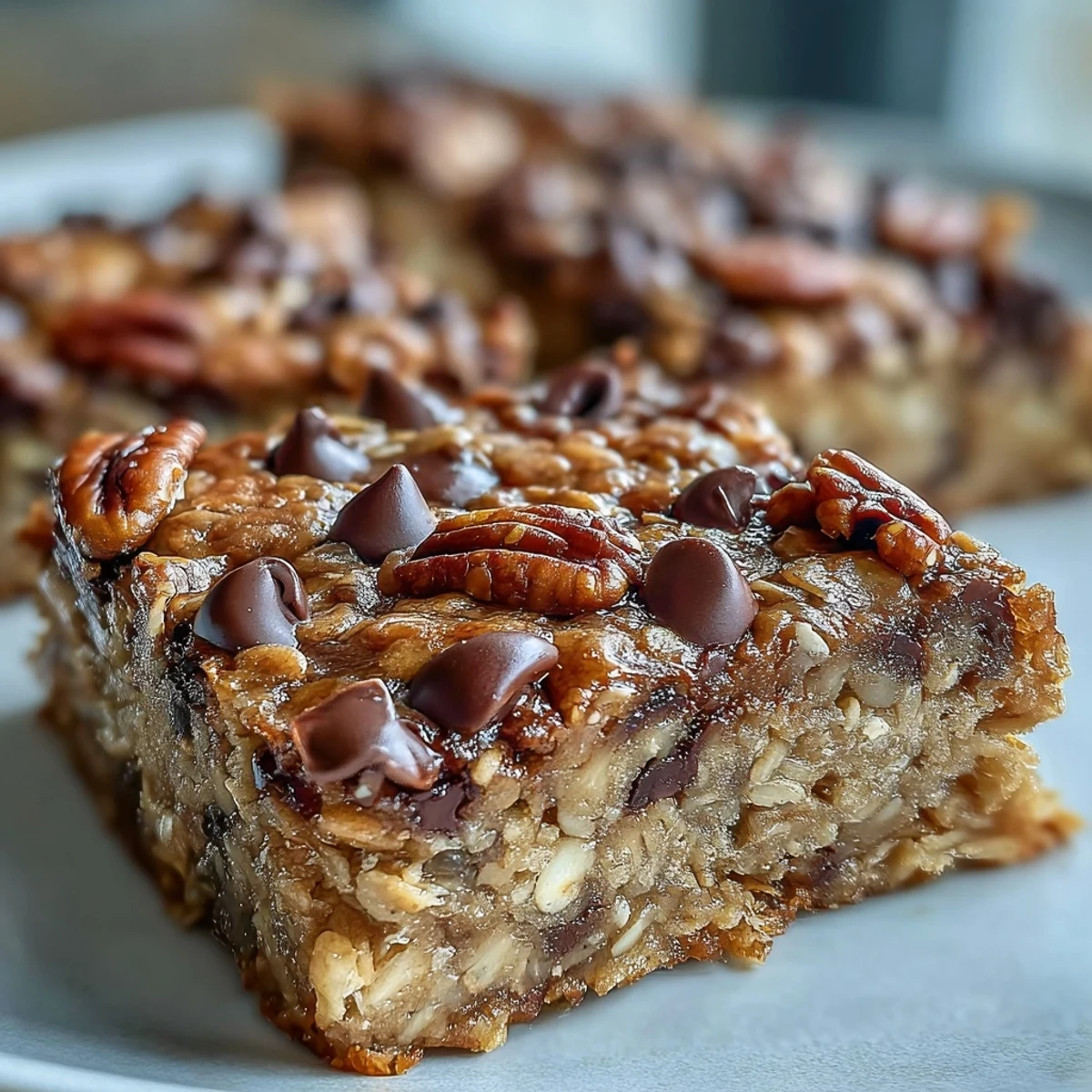 Chewy baked oatmeal bars packed with ripe bananas, warm from the oven and ready for a quick breakfast.