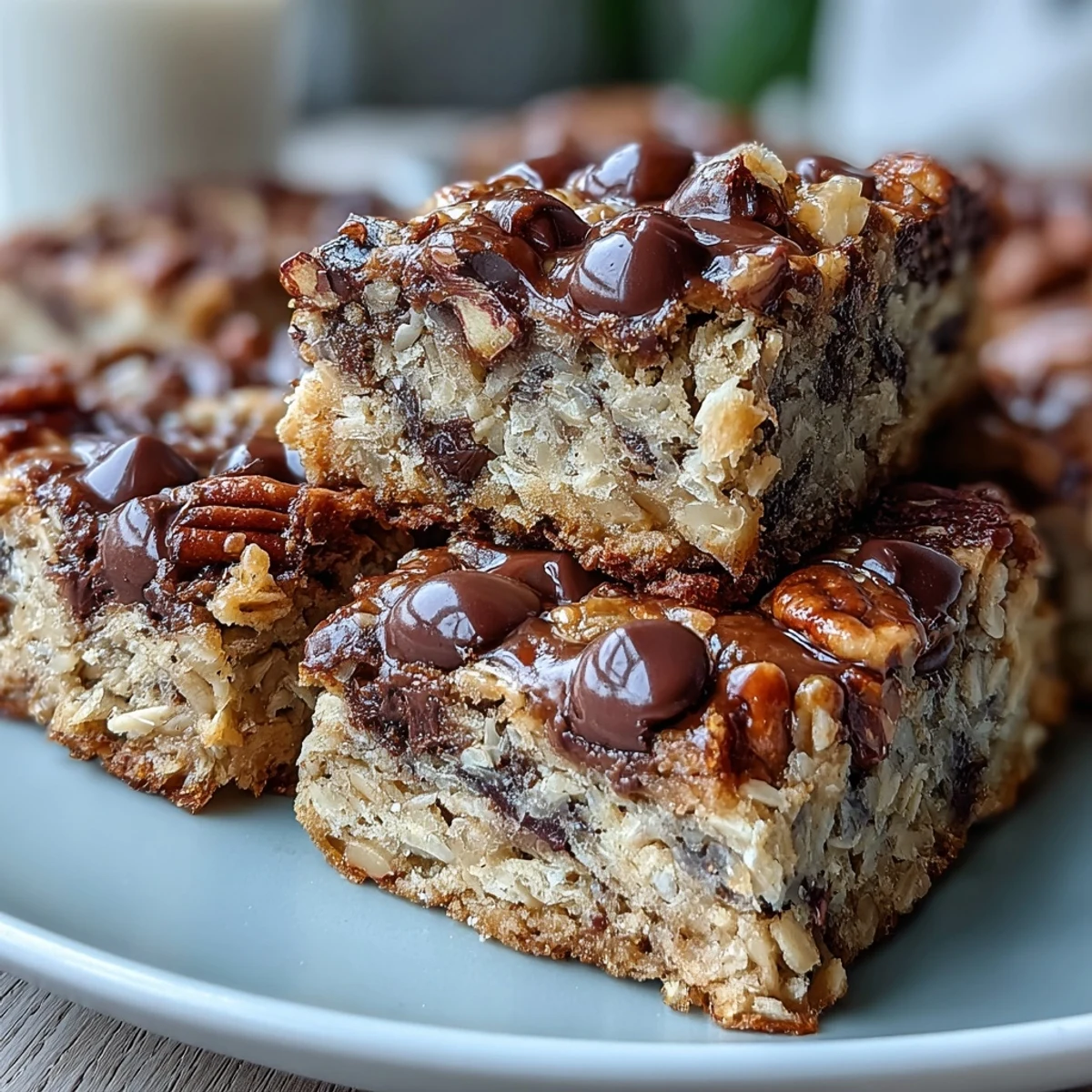 Golden-brown oatmeal bars studded with chocolate chips, resting on a wire rack for a delicious snack.