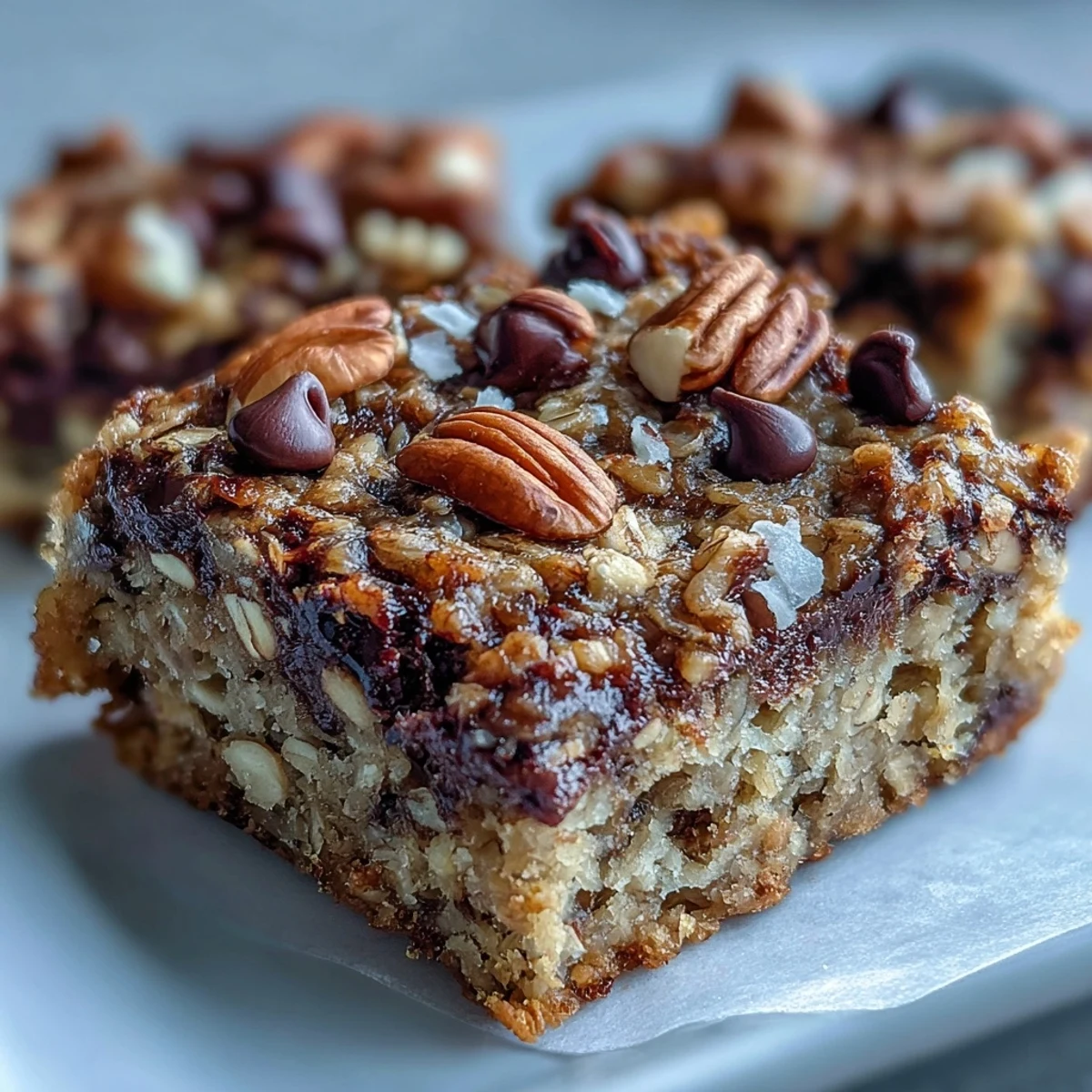 Sliceable oatmeal bars on a white plate, showing a soft texture perfect with a smear of peanut butter.