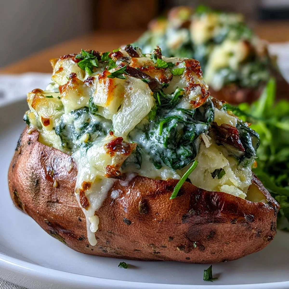 Golden roasted Creamy Mushroom and Spinach Stuffed Sweet Potatoes resting on a white plate, garnished with fresh herbs.