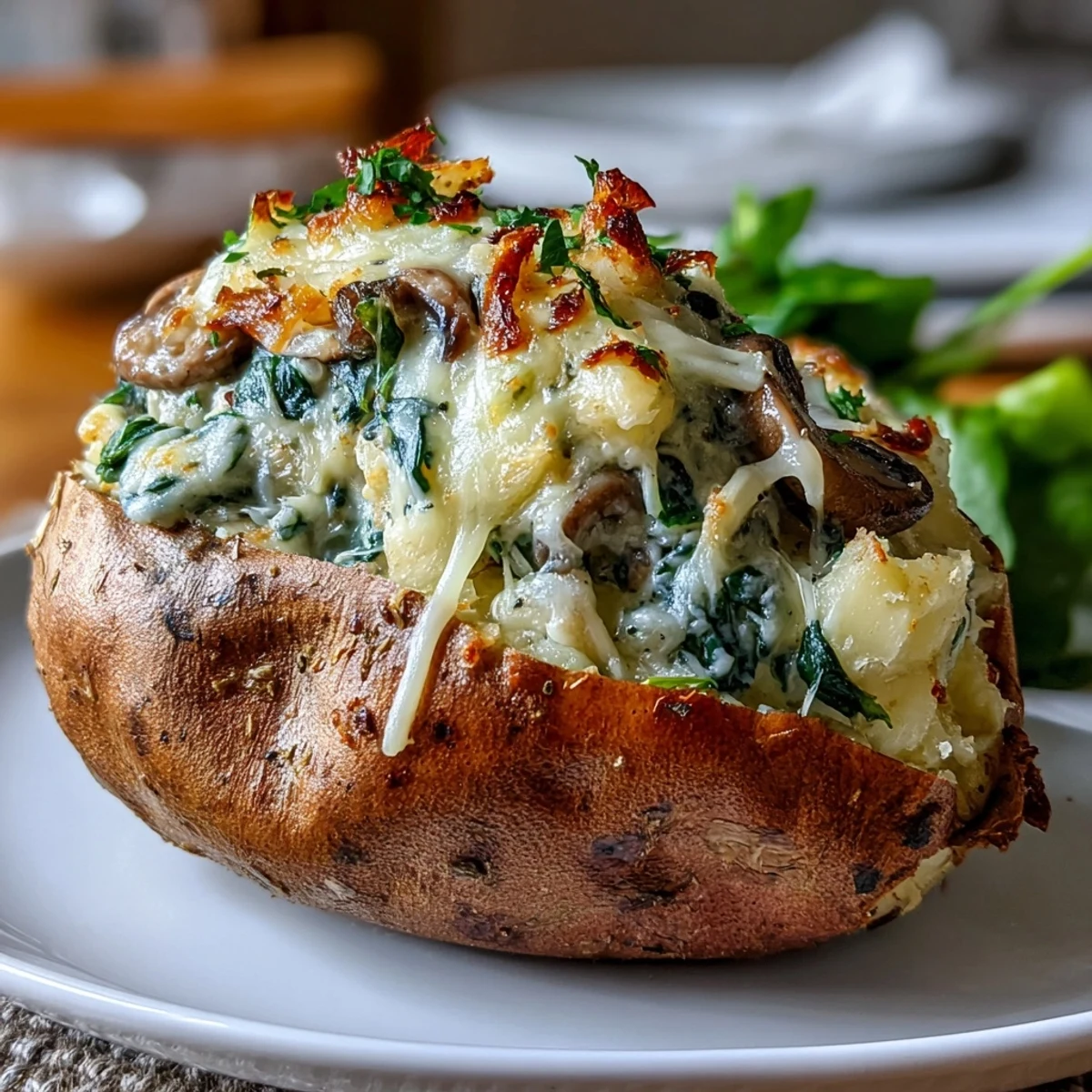 Close-up of Creamy Mushroom and Spinach Stuffed Sweet Potatoes with bubbling cheese and sautéed vegetables on a rustic wooden table.