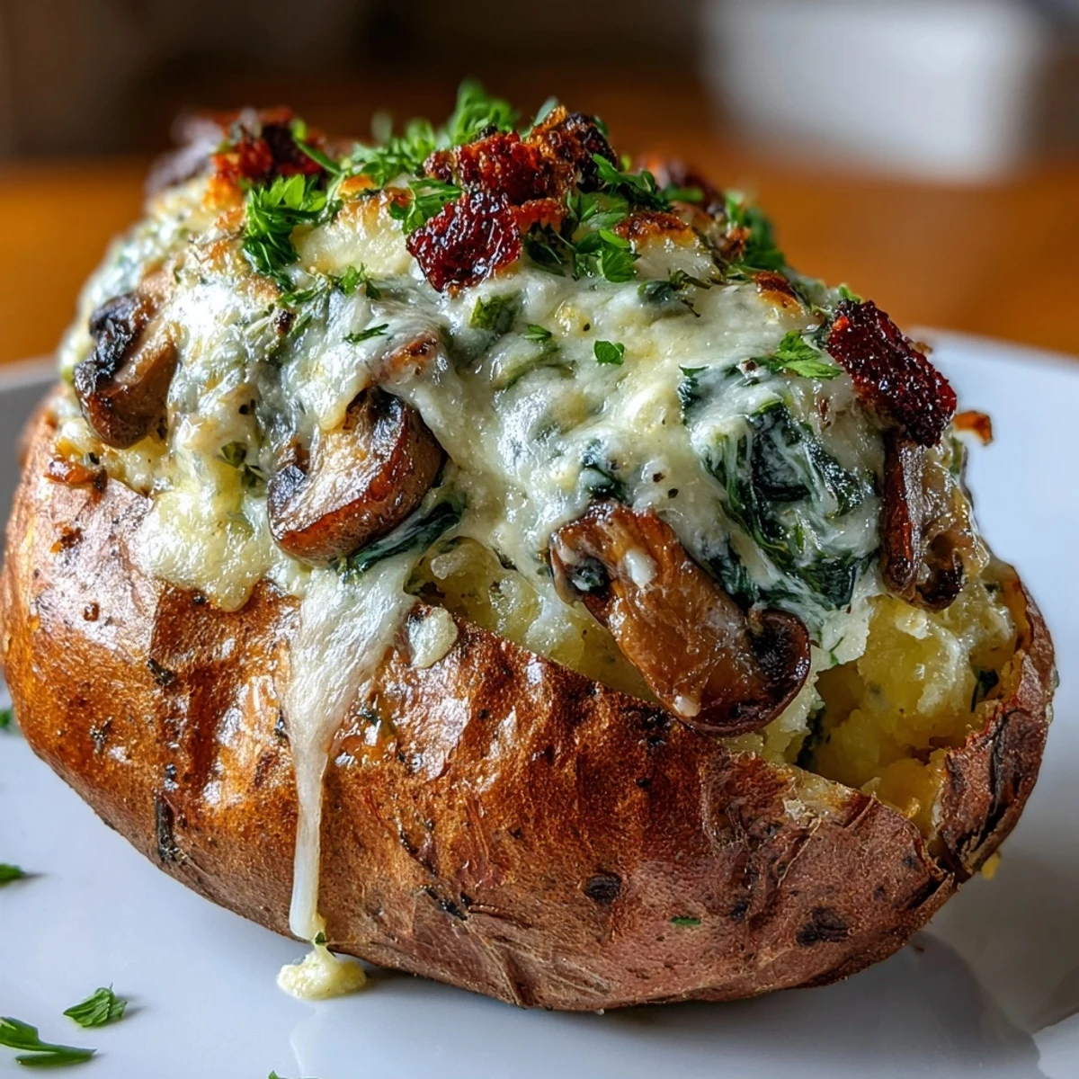A vibrant dinner plate featuring Creamy Mushroom and Spinach Stuffed Sweet Potatoes with a side salad and a glass of wine.