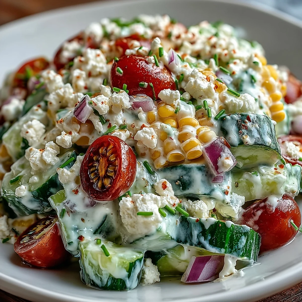 Freshly prepared Street Corn Creamy Cucumber Salad tossed with cherry tomatoes and a zesty lime-chili dressing, perfect for light side dishes.