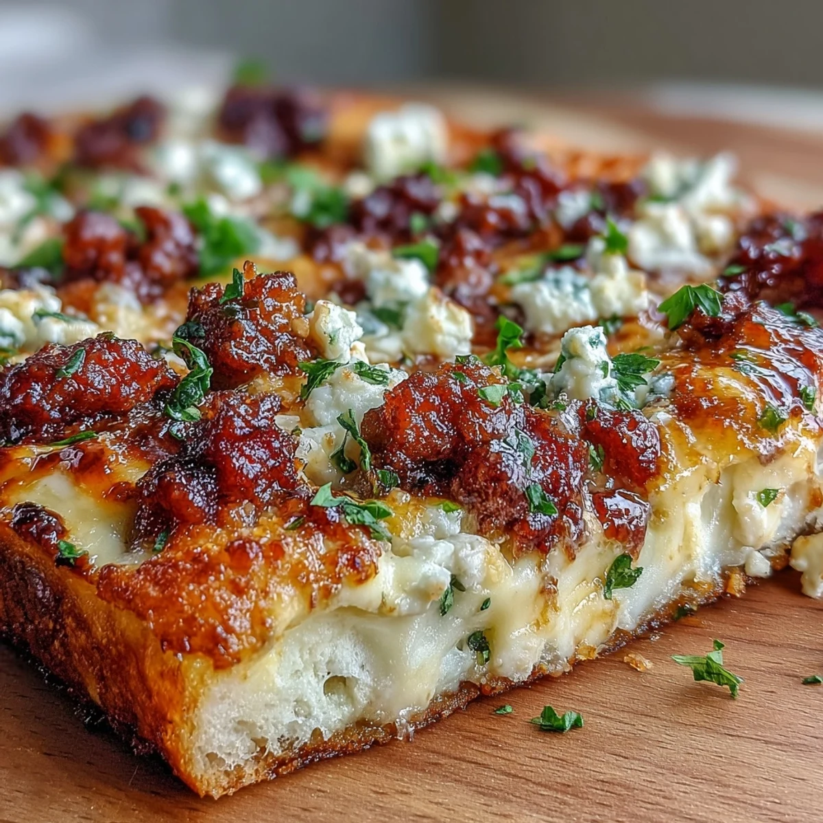Golden-brown Hot Sausage Feta Honey Pizza fresh from the oven, featuring crumbled sausage, creamy feta, and a glossy hot honey drizzle.