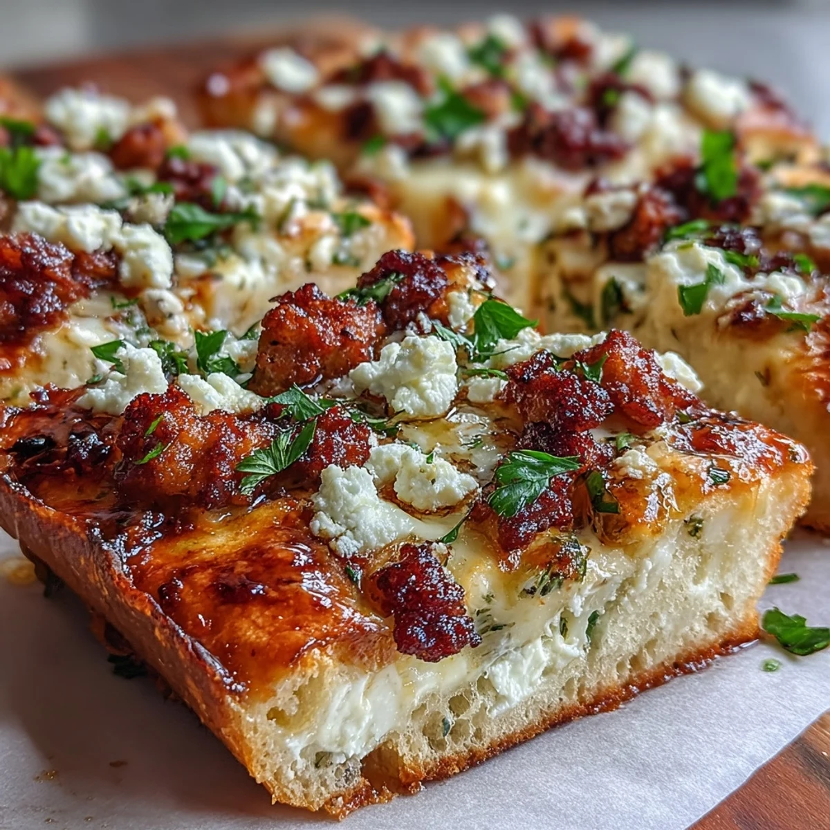 Perfectly baked Hot Sausage Feta Honey Pizza slice lifted to reveal a crispy, golden crust and bubbly mozzarella cheese topping.