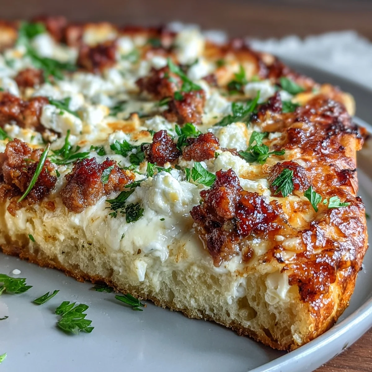 Freshly sliced Hot Sausage Feta Honey Pizza served on a wooden board, garnished with parsley and red pepper flakes for extra spice.
