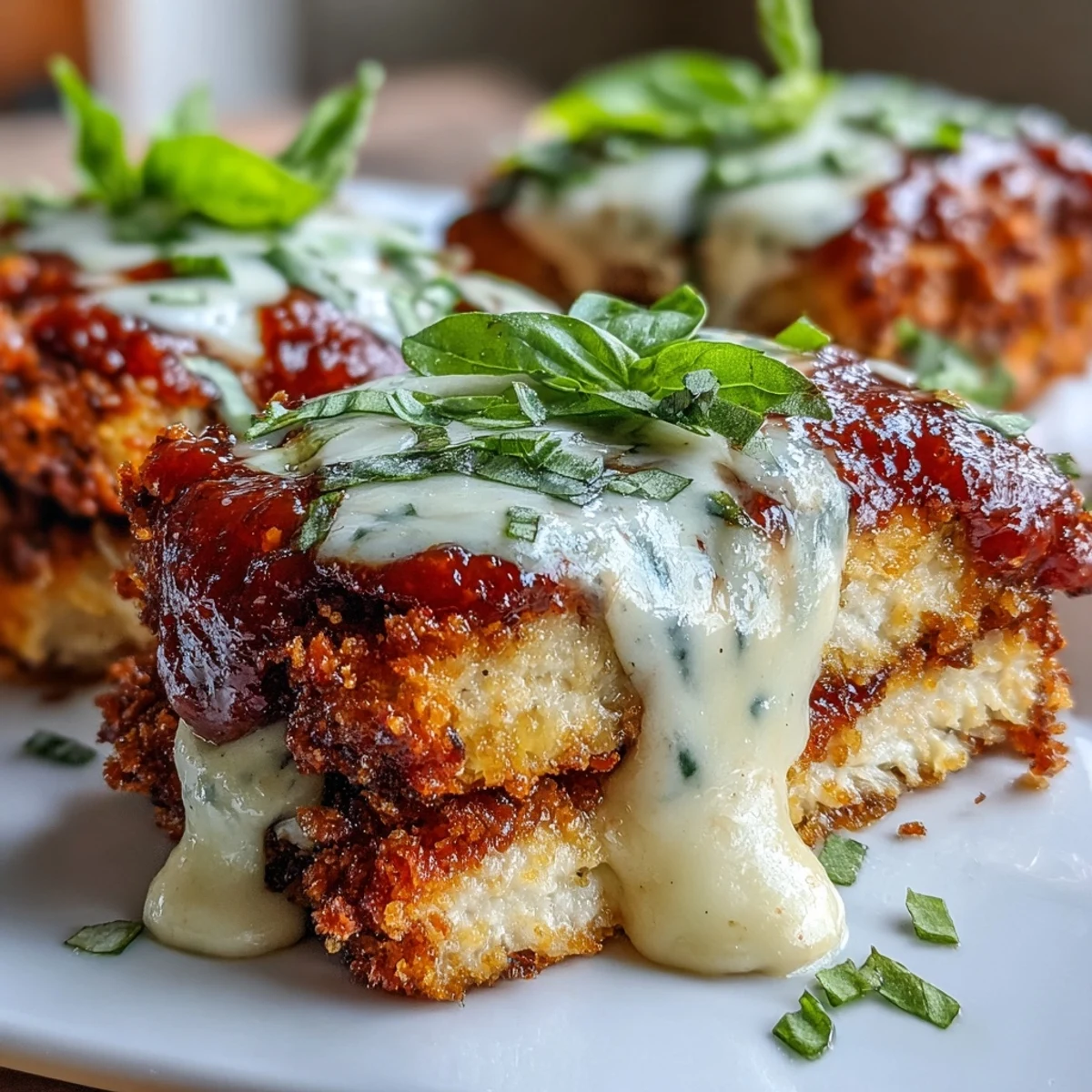 Freshly baked Crispy Tofu Chicken Parm Bakes feature golden Asiago crust and bubbling marinara sauce.