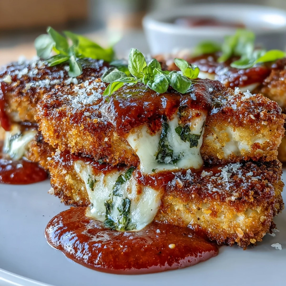 Crispy Tofu Chicken Parm Bakes topped with rich marinara, gooey mozzarella, and fresh basil garnish.