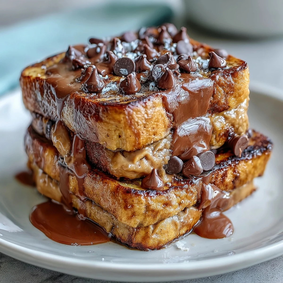 A close-up of High-Protein Peanut Butter & Chocolate Baked French Toast with a moist, custard-like texture and a rich cocoa drizzle.