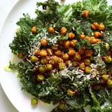 A close-up view of the warm Kale salad with crispy chickpeas, ready to enjoy as a meal.