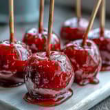 Mini candy apples on sticks with glossy red candy coating, perfect for festive parties and kid-friendly treats.