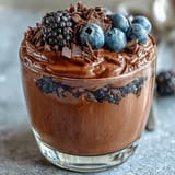 A luscious, high-protein cottage cheese chocolate mousse topped with fresh berries and shaved dark chocolate.