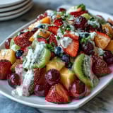 Vibrant spring fruit platter with strawberries, kiwi, and pineapple served with creamy honey-yogurt dipping sauce for a refreshing snack.