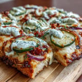 Tangy pickle pizza flatbread, golden baked with melted cheese and garlic ranch.