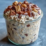 Protein Cookie Dough Overnight Oats ready to eat, creamy and chocolatey breakfast goodness.
